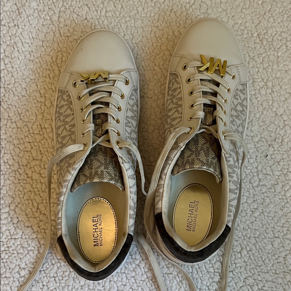 Michael Kors Cream Monogram Sneakers with Gold Accents
